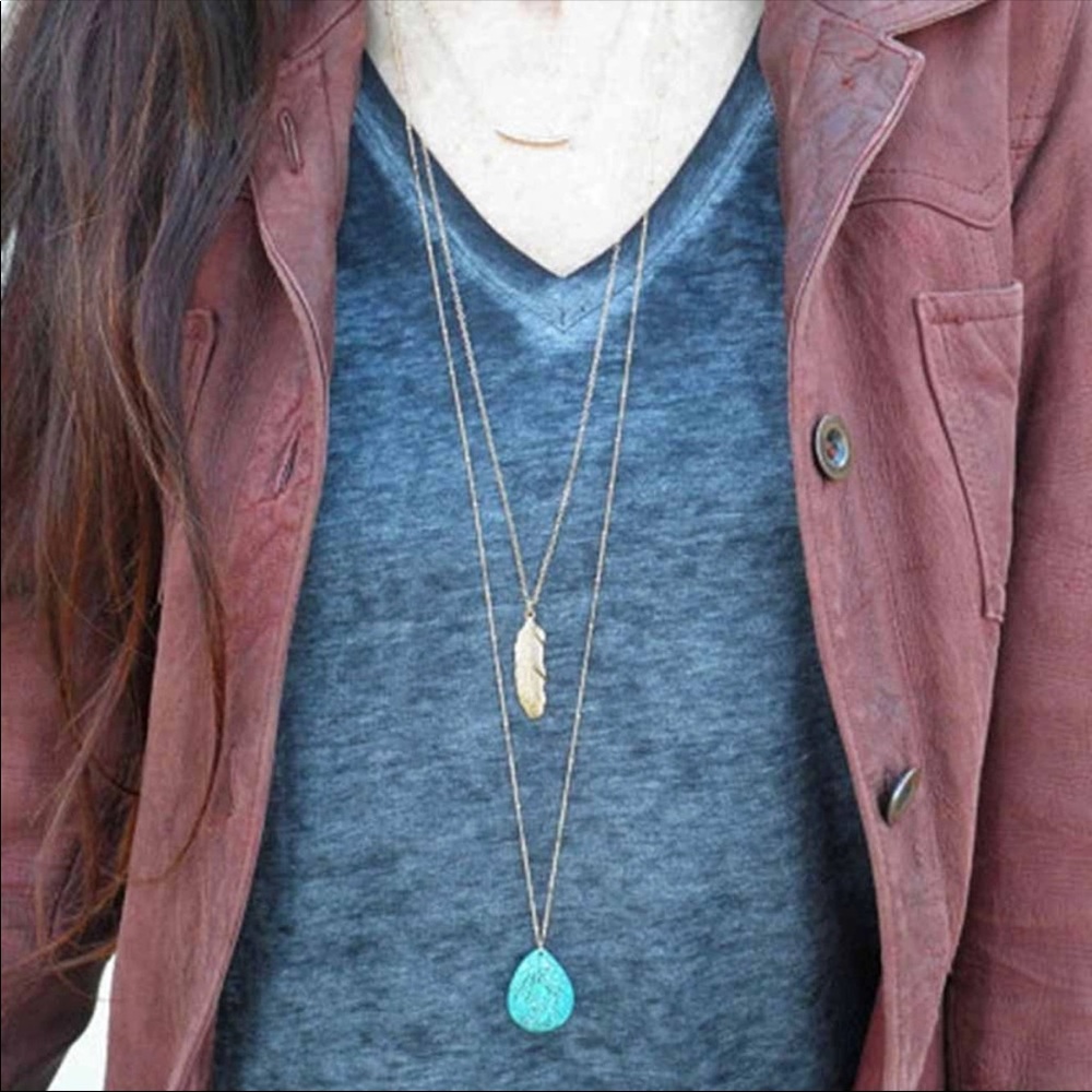 Multi Strand Gold Bar, Feather and Marble Necklace